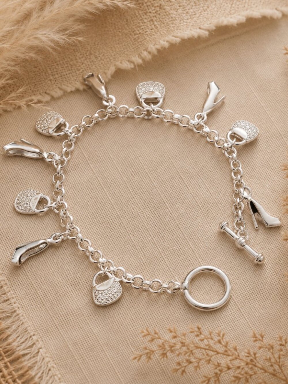 925 Sterling Silver Shoe & Handbag Charm Toggle Chain Bracelet